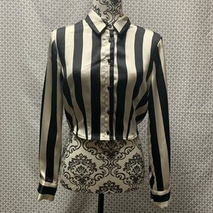 Stradivarius Womens Black White Pinned Stripe Long Sleeve Blouse Shirt Size Sm